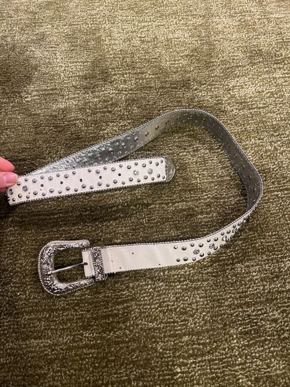 Y2K Studded Metallic White Belt with Decorative Buckle